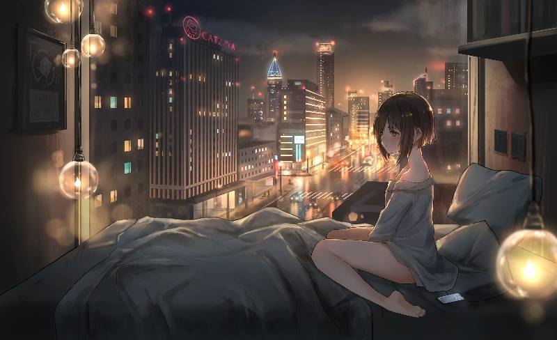 二次元壁纸 温暖卧室 电脑壁纸 夜晚床 美女高清壁纸