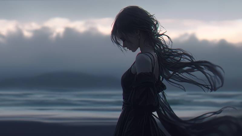 暗色系女孩长发电脑壁纸，黑色裙子4K动漫高清壁纸3840x2160