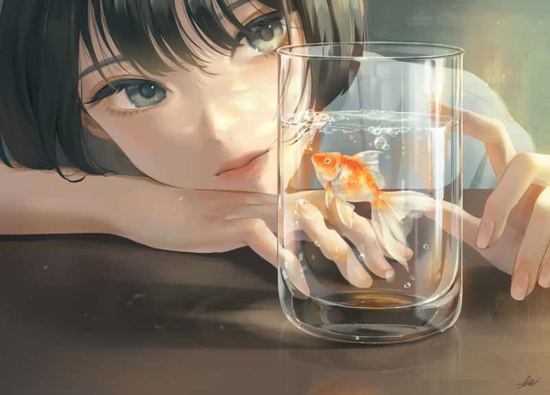 动漫女孩 桌子 金鱼 水杯子 玻璃杯 5K壁纸5000x3595