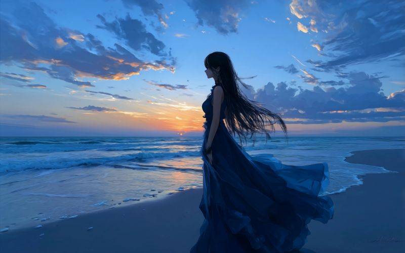 碧海孤影 海边长发蓝色裙子女孩 4K壁纸 3840x2400