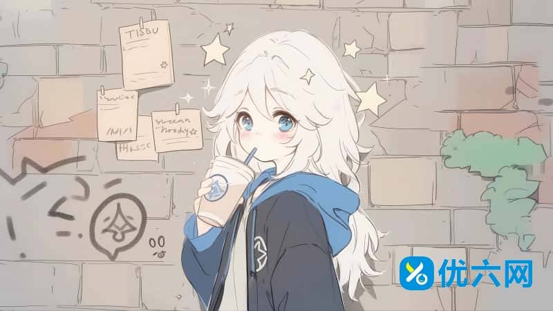 动漫女孩喝奶茶 可爱背景墙 4K 壁纸 3840x2160