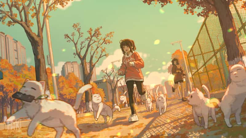 动漫女孩与猫咪跑步 5k 高清壁纸 5253x2955 无水印