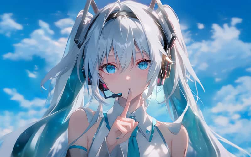 蓝天背景 初音未来嘘手势 4K 超高清壁纸 3840x2400