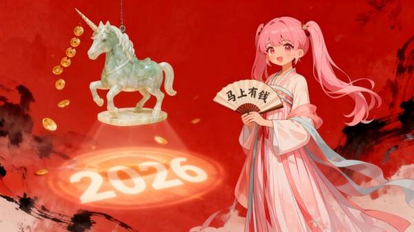 2026 马上有钱 古装粉色马尾小女孩 玉马 独角兽 4k 超清壁纸 3840x2160