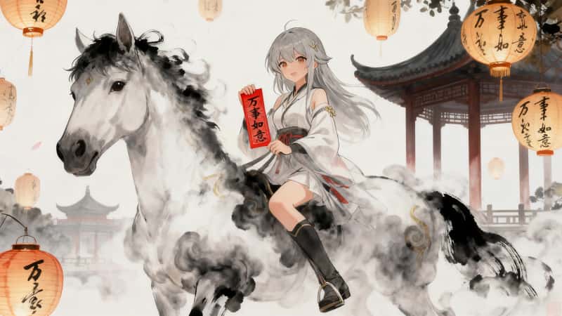 2026 马年万事如意 古风水墨画女孩骏马 4k 壁纸 3840x2160 超清