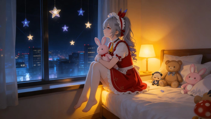 女生房间夜景 床上小女孩与玩偶 星星窗户 4k 超清壁纸 3840×2160