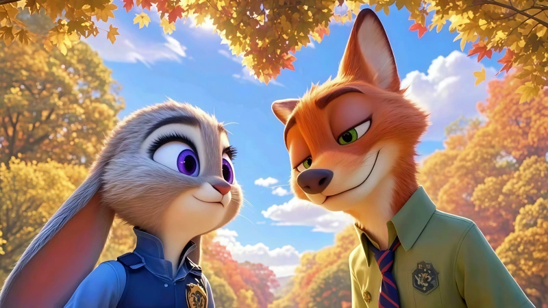 兔子朱迪狐狸尼克秋日同框 疯狂动物城蓝天森林 4K 超清壁纸
