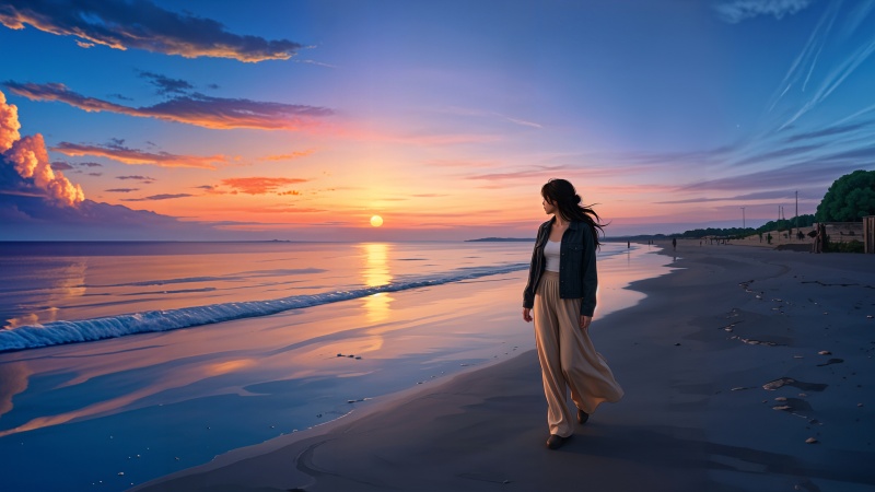 海边少女日落海滩唯美风景壁纸