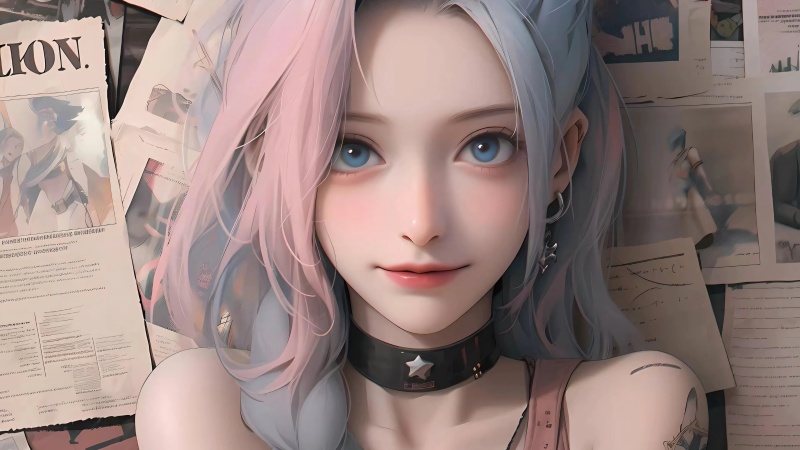 甜酷粉蓝发少女 旧报纸风 4K 动漫壁纸