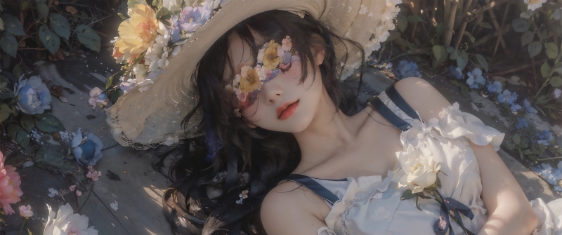 花丛草帽少女 温柔治愈系电脑壁纸